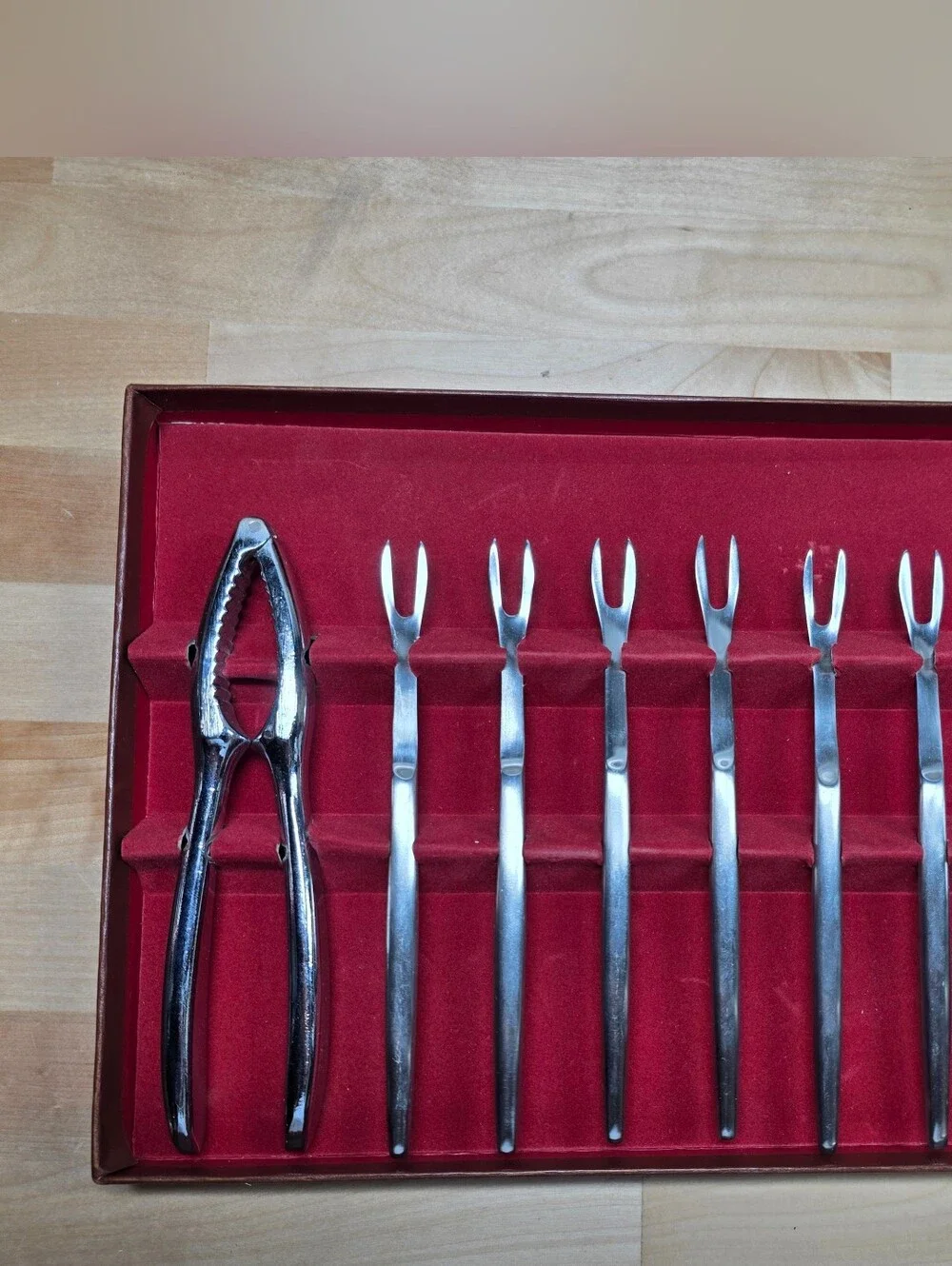 Kalmar Designs Chrome Nutcracker and Cocktail Fork Set - Red Velvet Box
